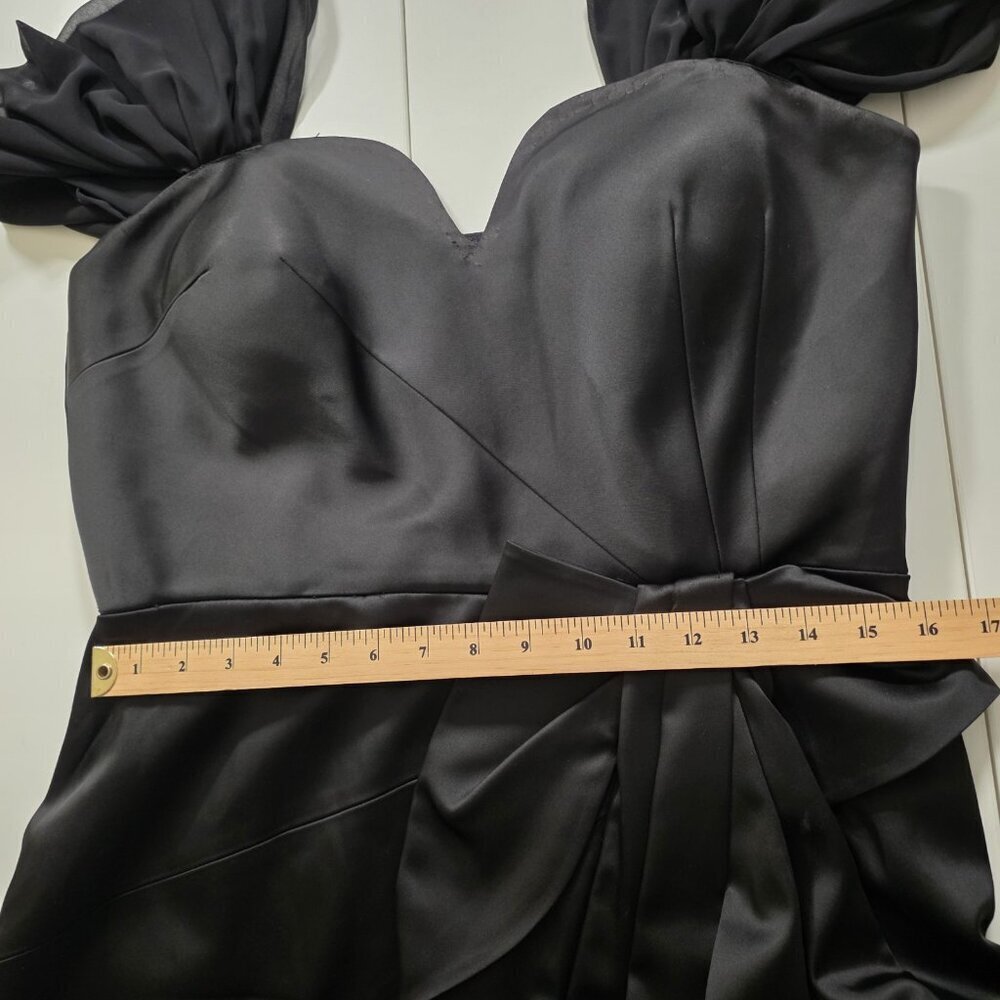 Catherine Malandrino Satin Dress XL Black Mini Lined Chiffon SS Bow LBD Cocktail - Picture 6 of 16